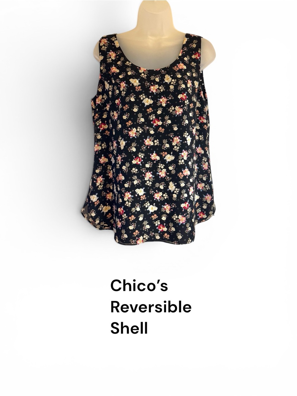CHICO'S Flowy Black Floral/Black White Polka Dot Reversible Top MEDIUM #V - Picture 1 of 7